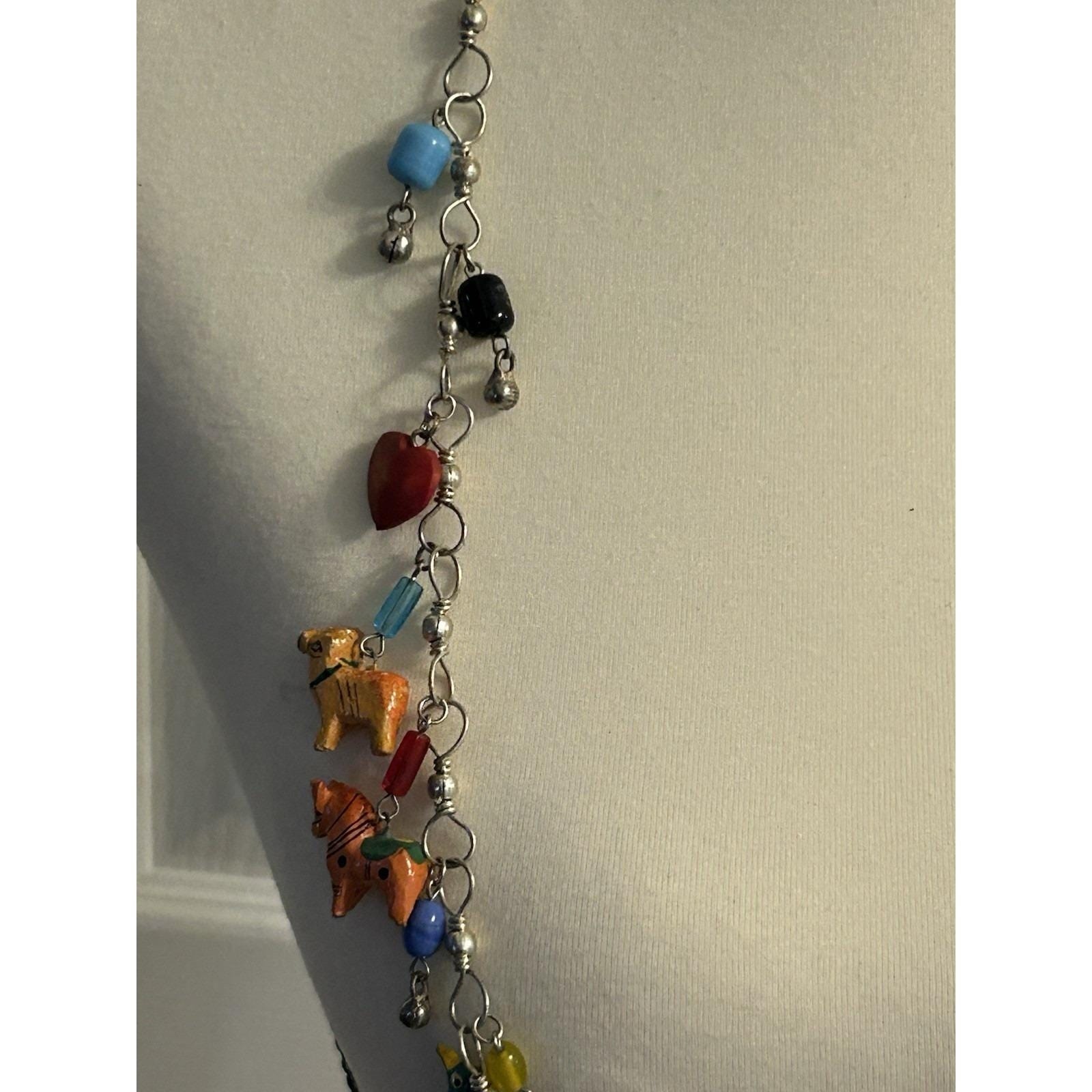 Vintage Tropicana Necklace Silver Wooden Animals Birds Chain Parrot Hearts 14″