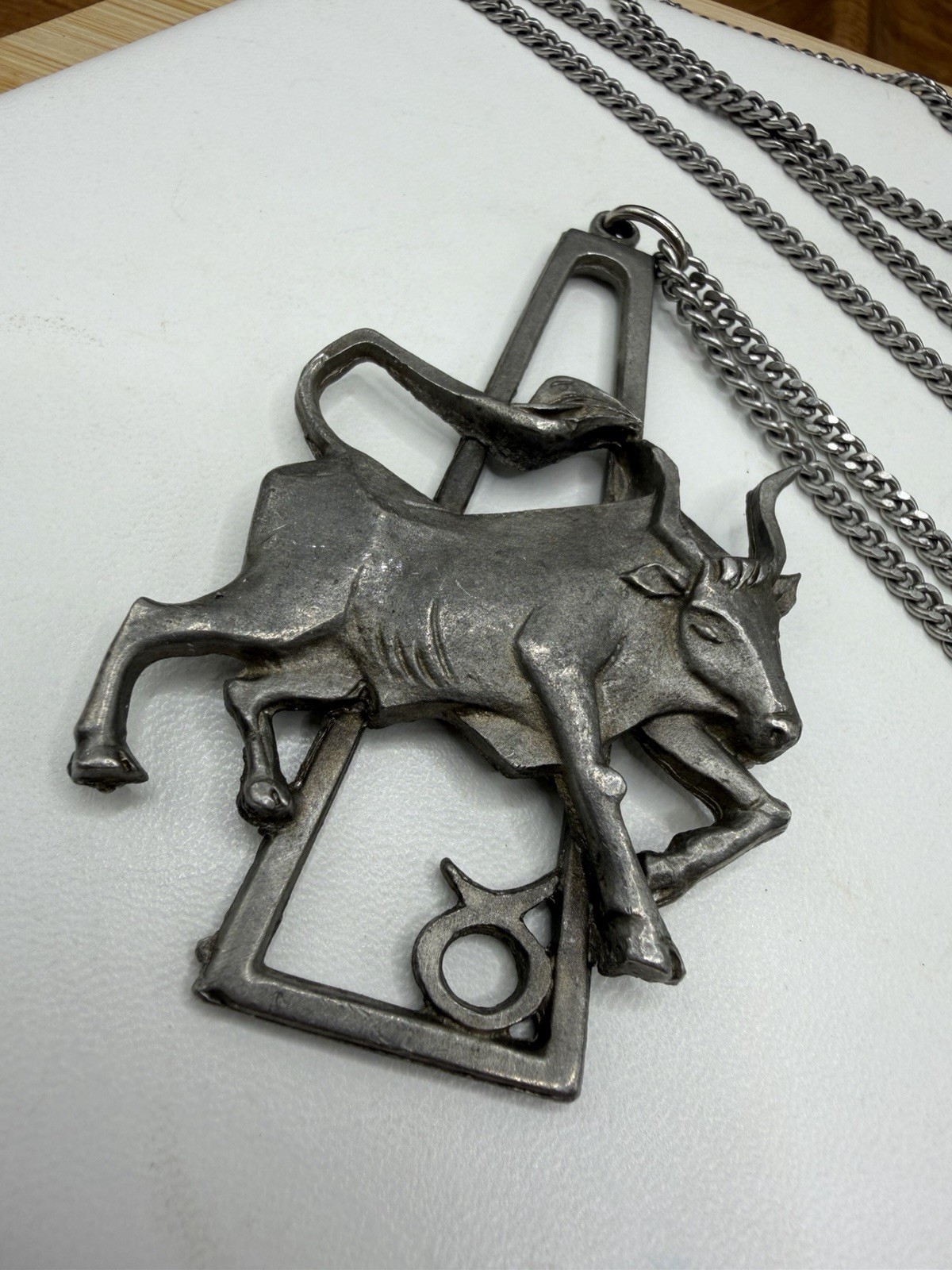 Vintage 1970s Taurus Necklace Zodiac Sign Astrology Cathedral Pewter 24″