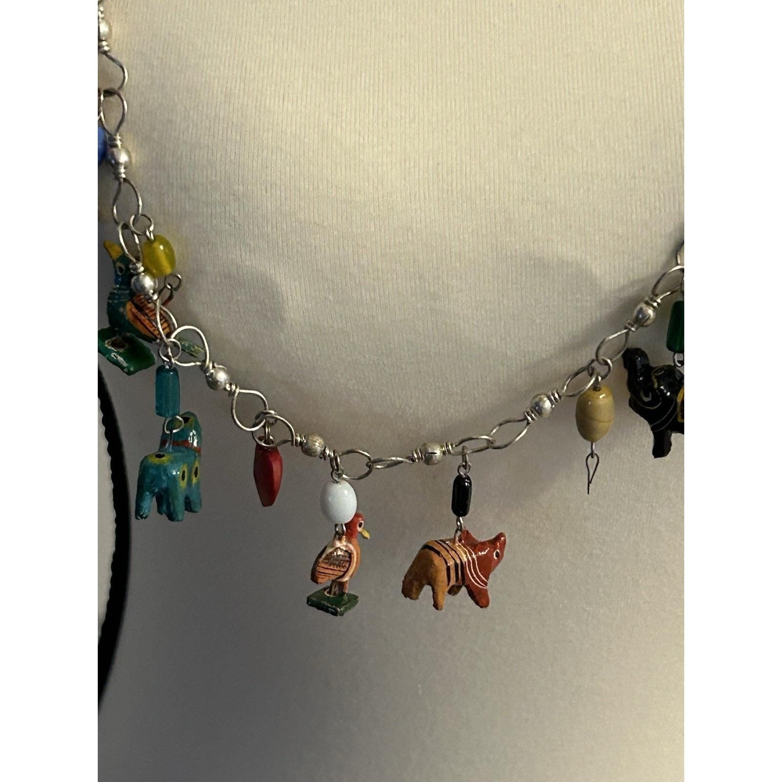 Vintage Tropicana Necklace Silver Wooden Animals Birds Chain Parrot Hearts 14″