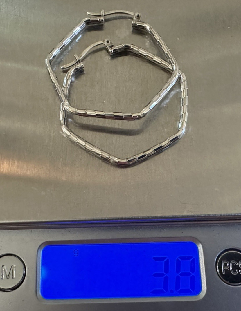 Sterling Silver Pinched Pentagon Hoop Earrings Mexico 1.5″
