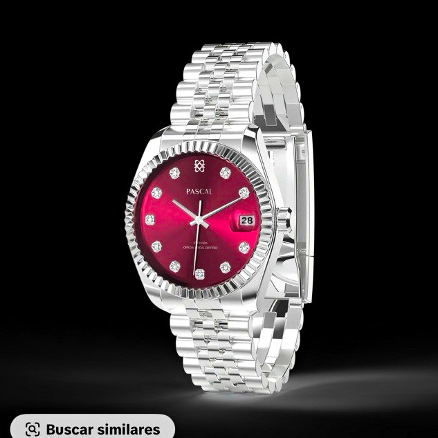 PASCAL Quartz 40mm Red Sunburst Dial Date 100m SS Bracelet Watch