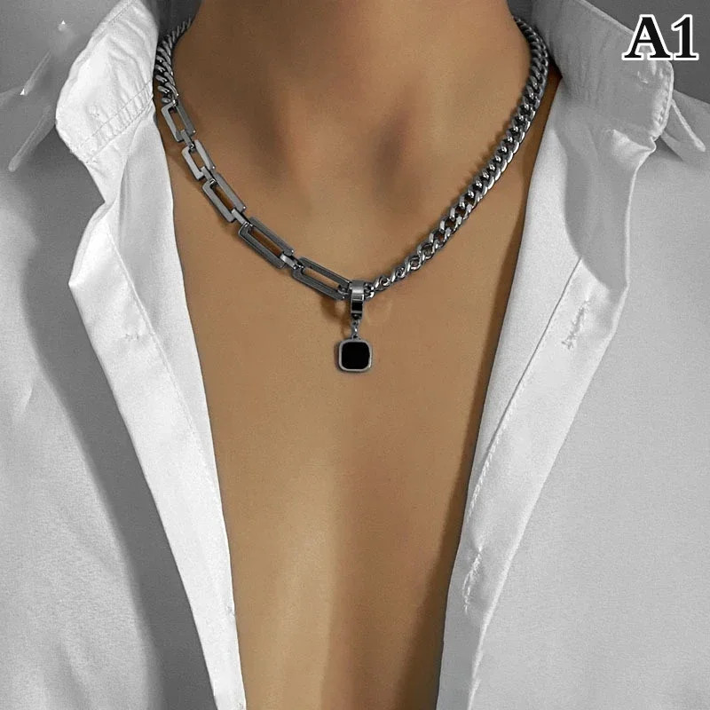 /Creative Hip-hop Tide Brand Simple Black Square Earrings Pendant Necklace Men’s