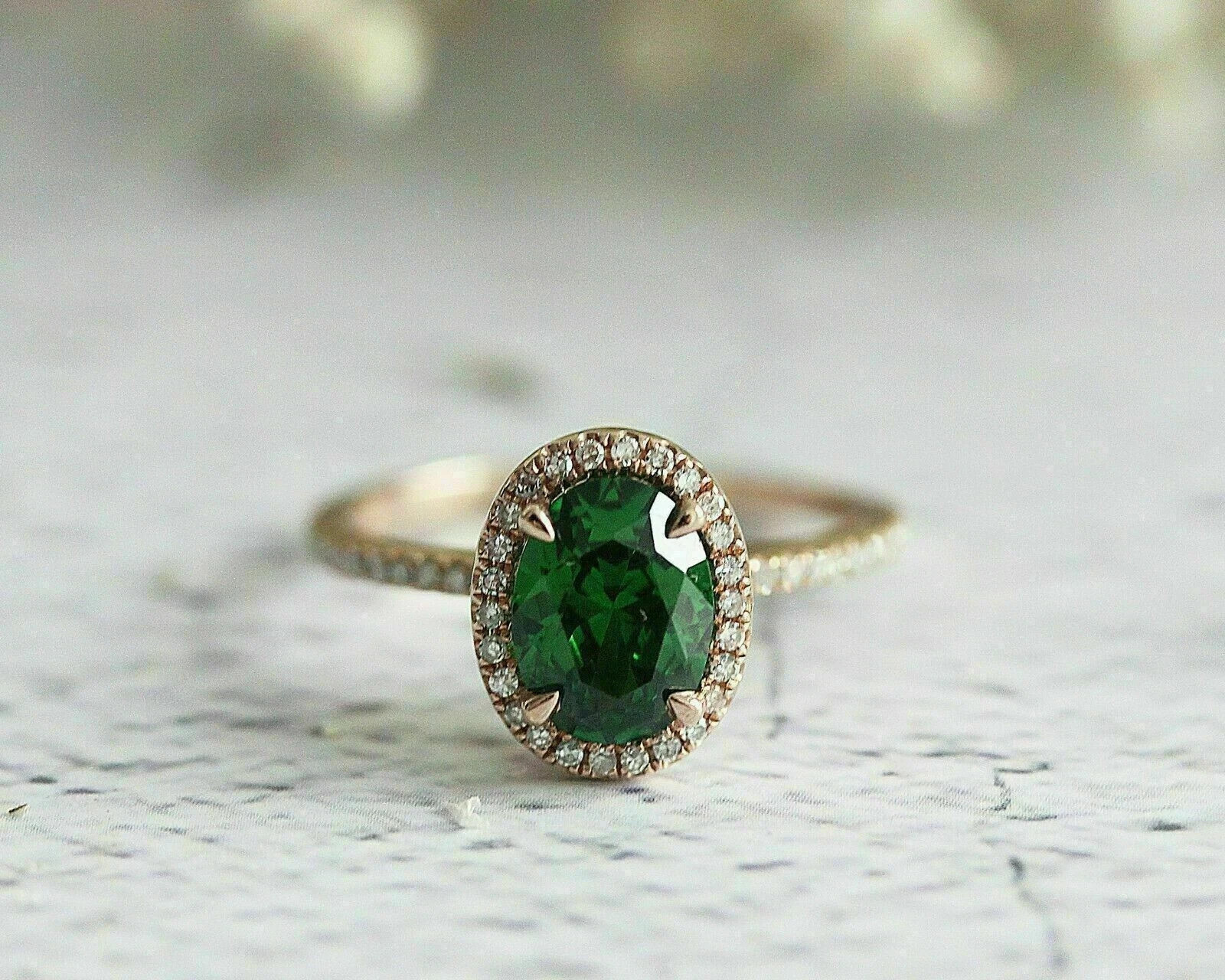 3.20Ct Oval Cut Lab-Created Green Emerald & Diamond Ring 14k Yellow Gold Finish