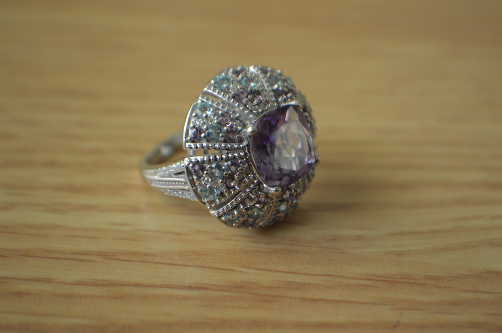 5.85ct Morrocan Rose Quartz / Multi Gemstone Ring Rhodium over Silver Size 7