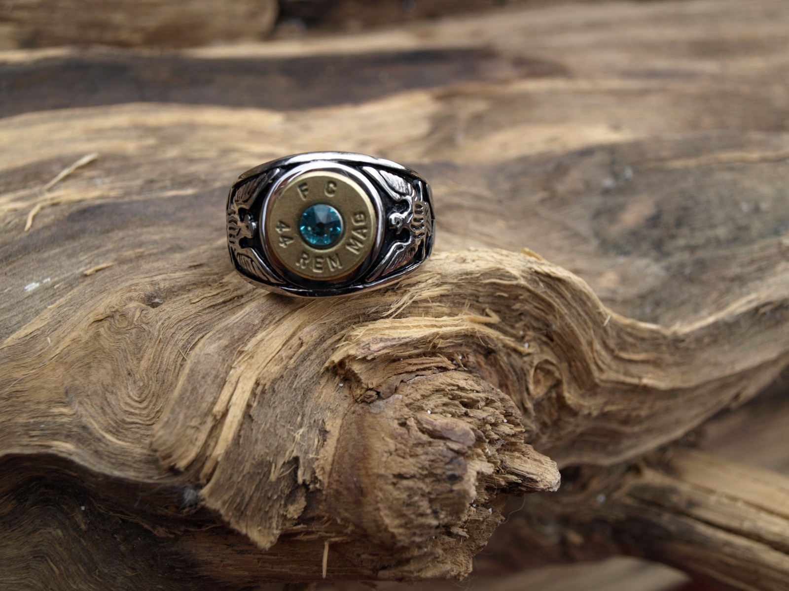 Stainless Steel Eagle Bullet Ring. 44 Mag Casing. Optional Glass Crystal