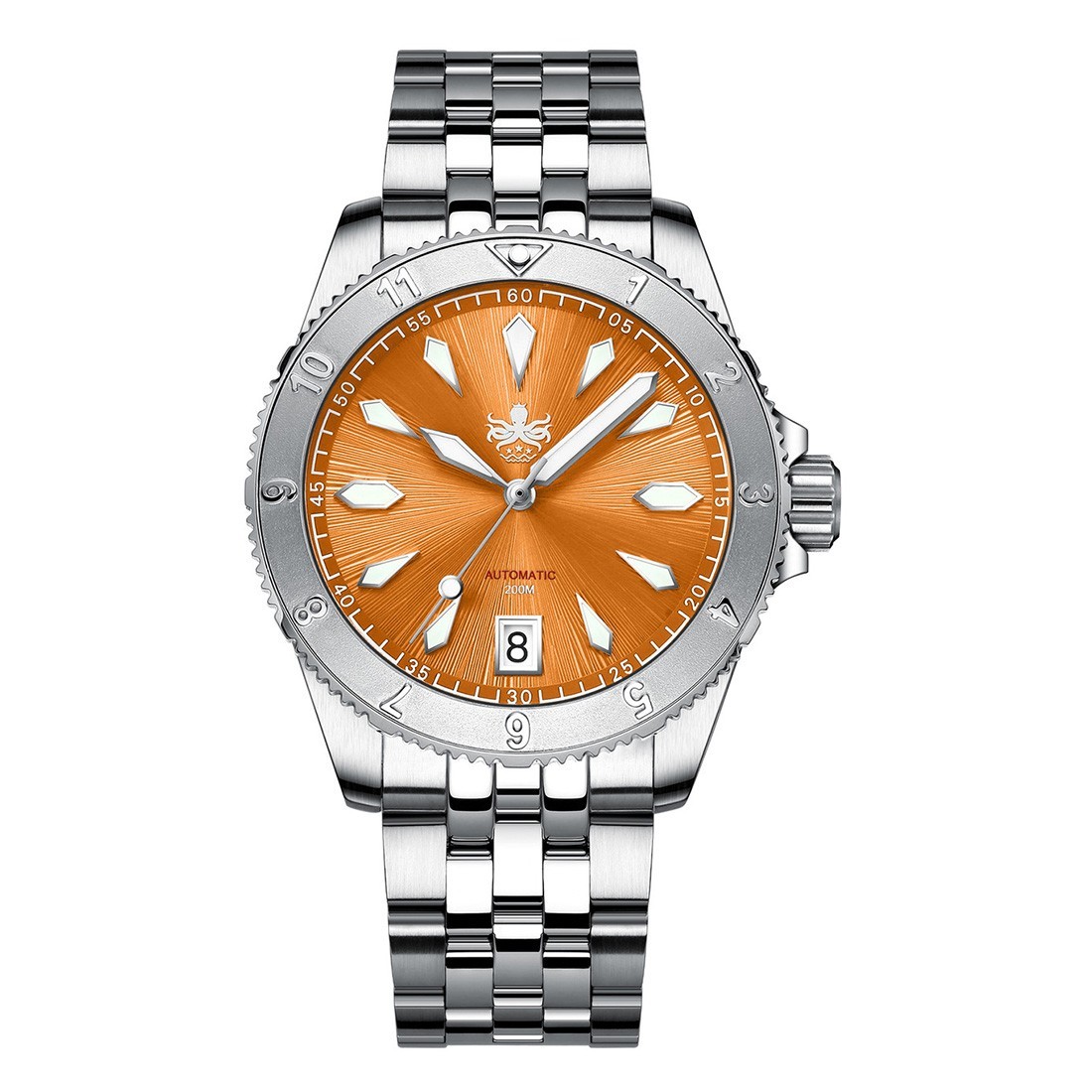 Phoibos Voyager 200M Steel Automatic Orange Sunray Diver Date Men’s Watch