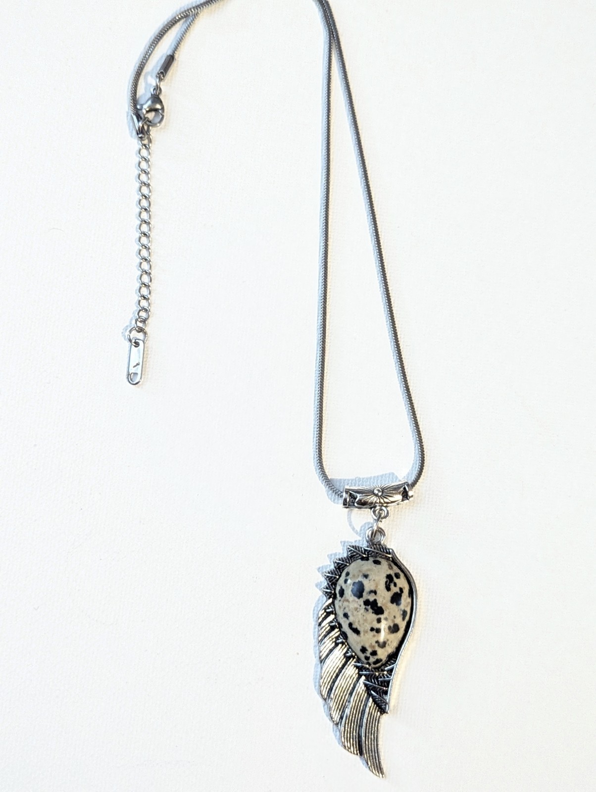 Stainless Steel Angel Dalmatian Jasper Wing Necklace Adjustable Snake Chain