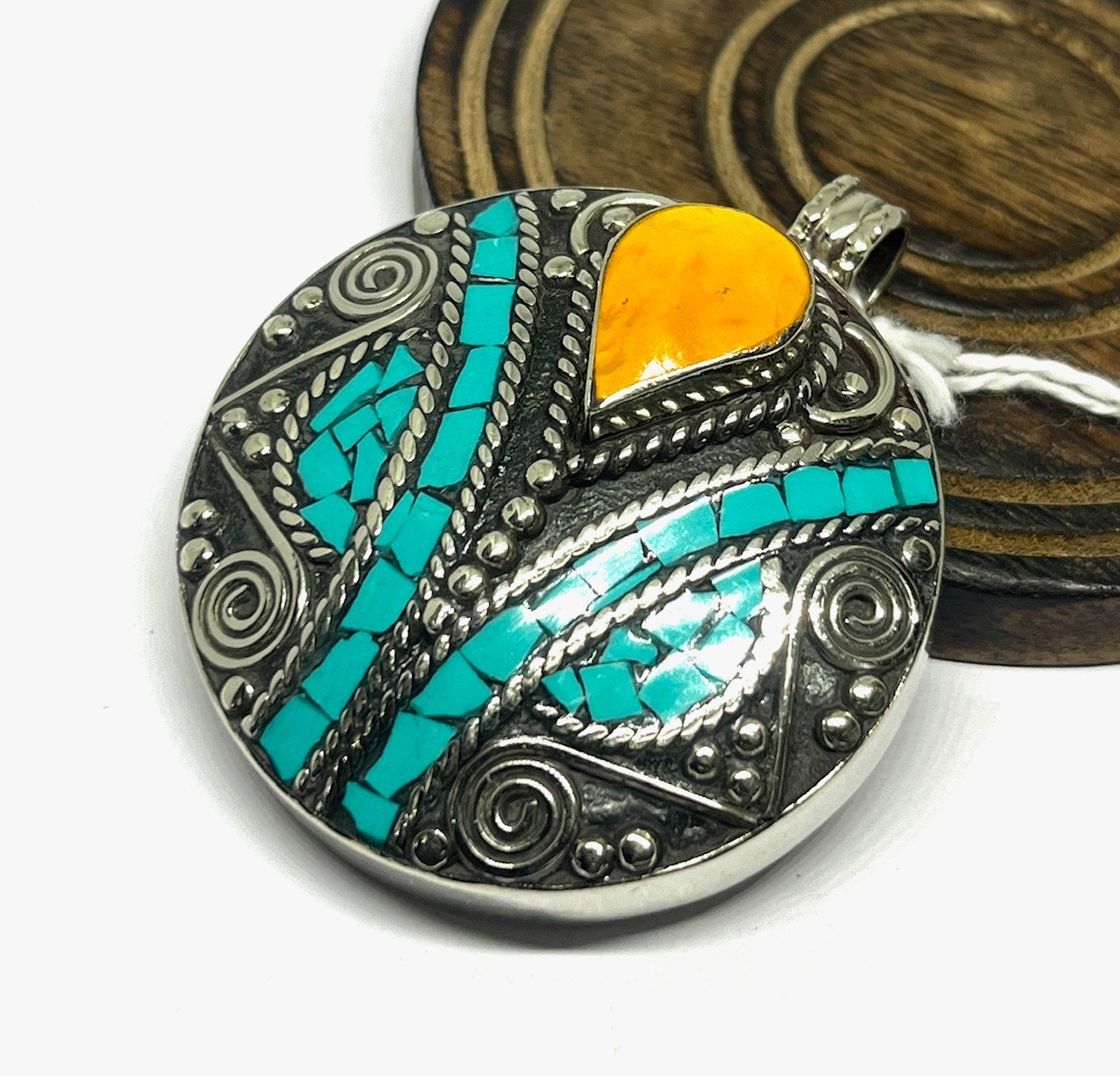 Amber Turquoise Gemstone Tibetan Style Traditional Pendant Jewelry, 2.0 inc