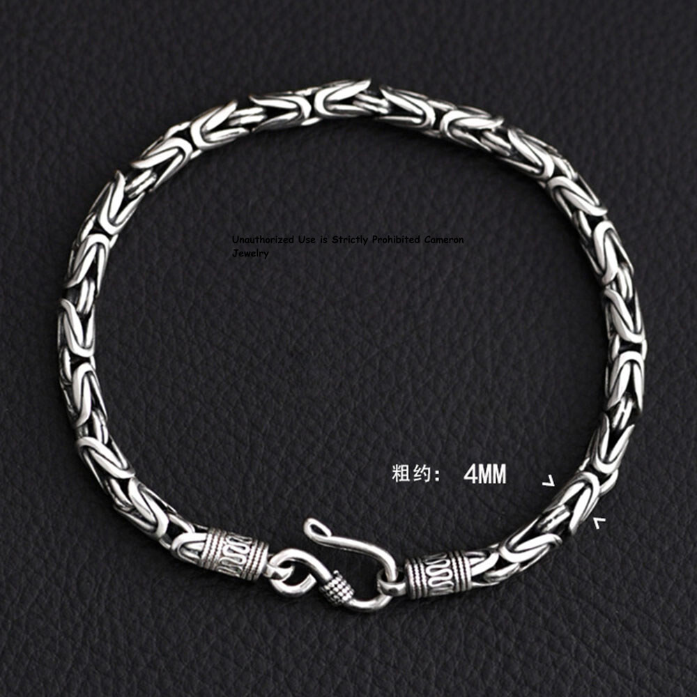 Pure S925 Sterling Silver Chain Men Women 4mm Byzantine Link Bracelet 6.7-8.7inL