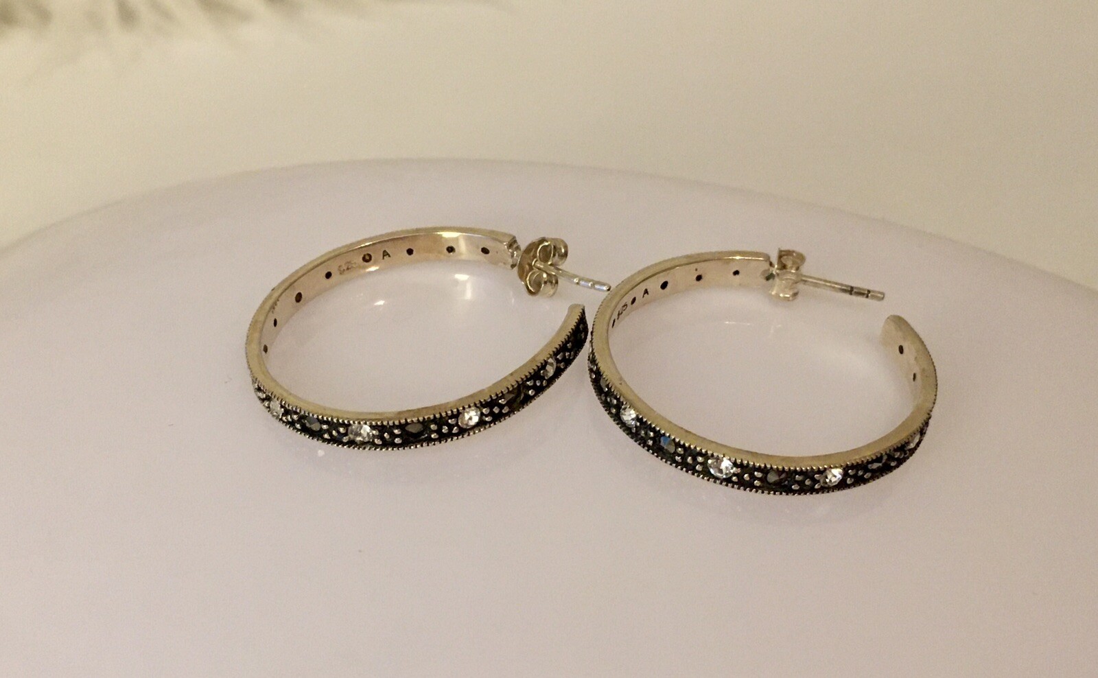 Vintage Sterling Silver Marcasite & Clear Stones Hoop Earrings 5.4 Gram Wt