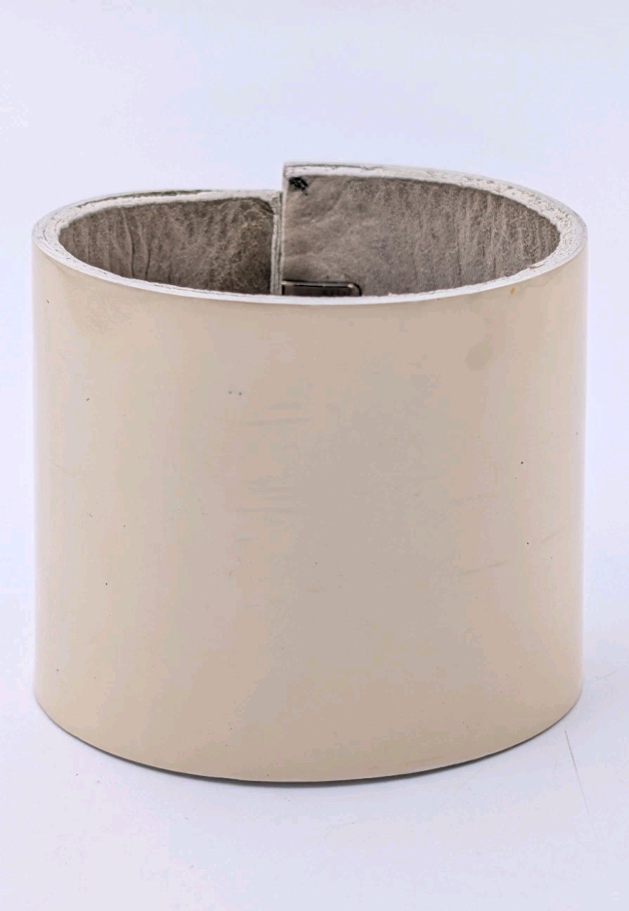 YOCHI NY Cream Beige Leather Silver Snap Clasp Wide 2” Bracelet 5.5” or 6”