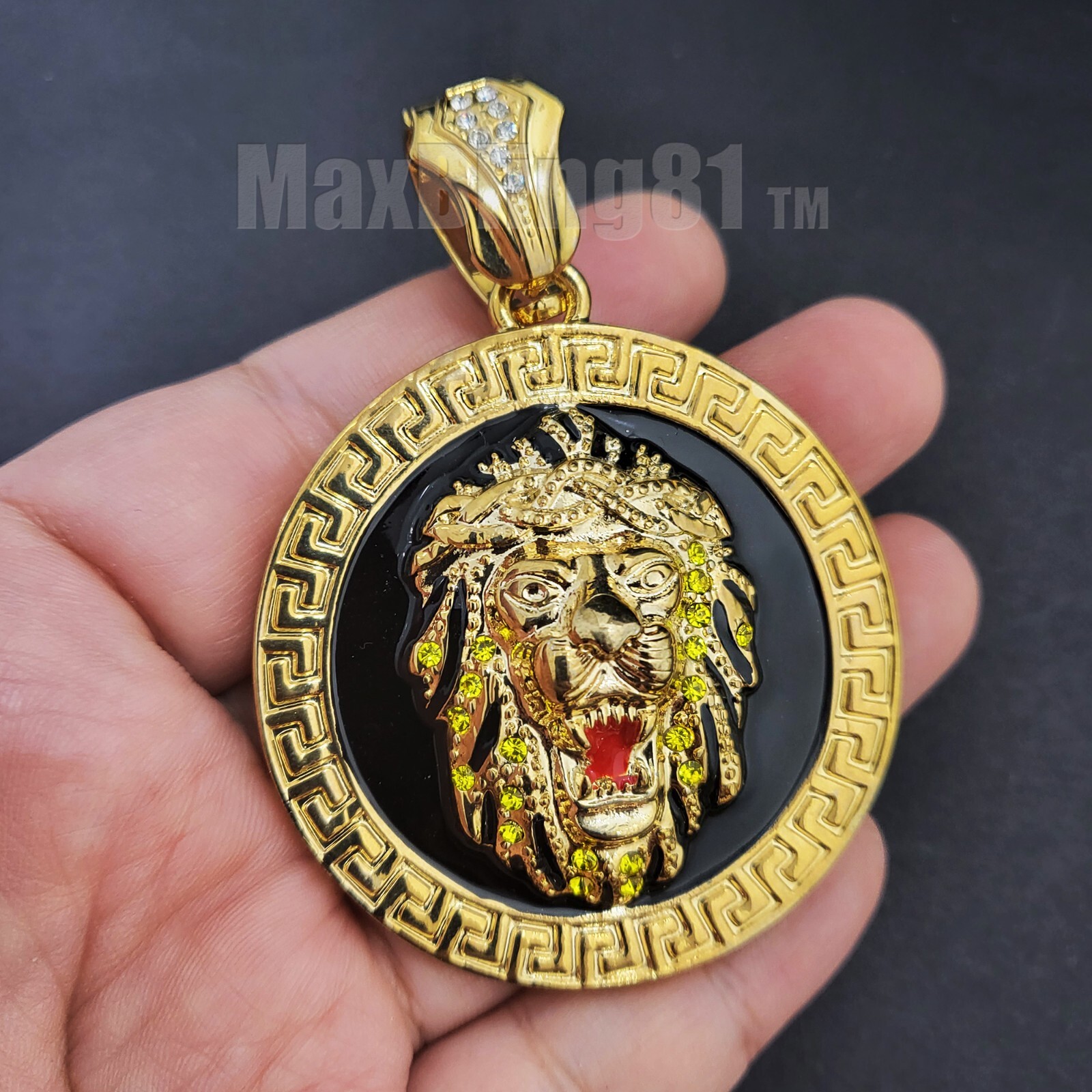 HIP HOP ICED RAPPER CUBIC ZIRCONIA 24K GOLD PLATED LARGE LION HEAD MEDAL PENDANT