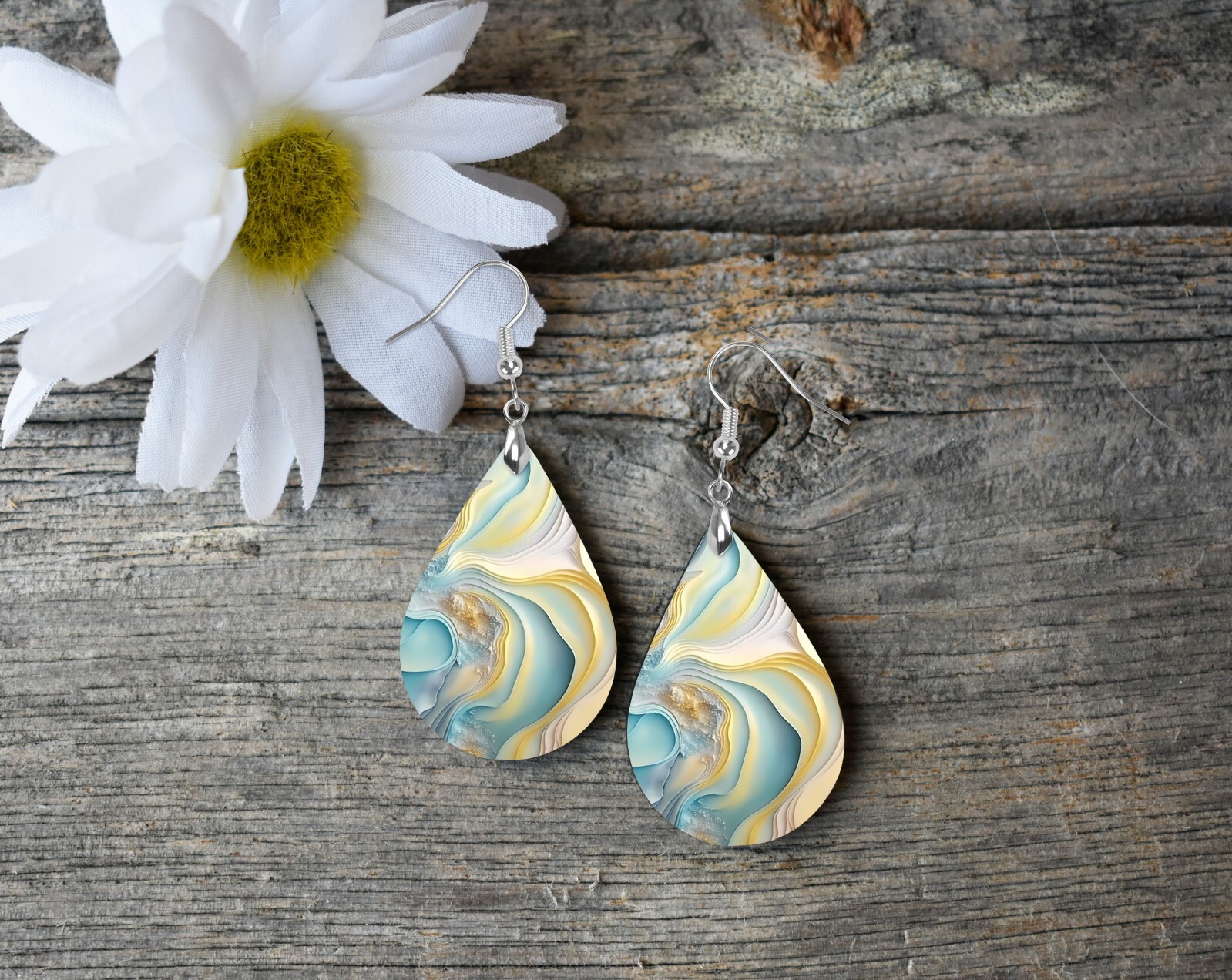Blue and Yellow Dunes Print Wood Dangle Teardrop Print Earrings Jewelry