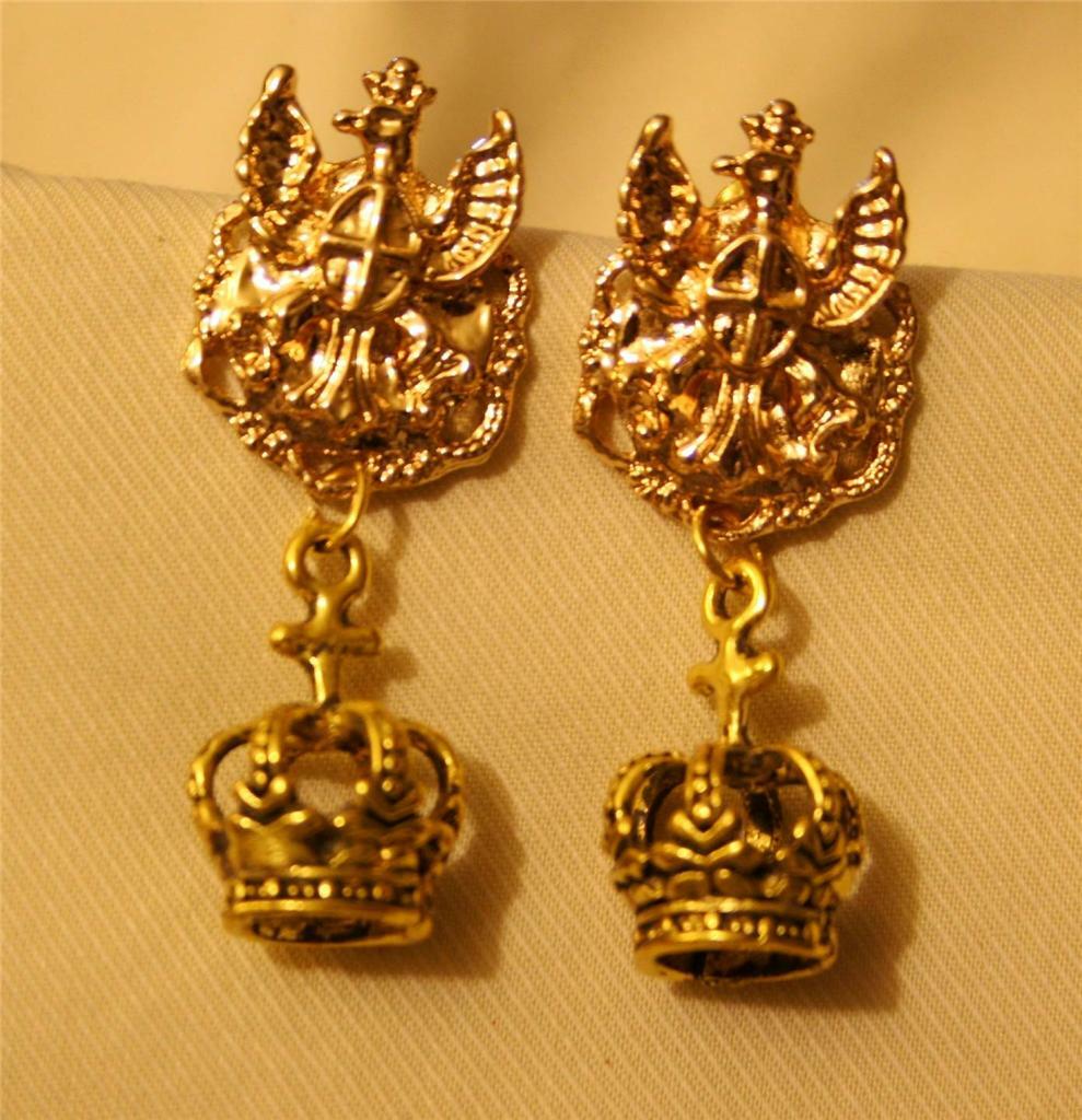 Handsome Eagle Cross and Crests Openwork Crown Dangle Goldtone PIERCED Earrings