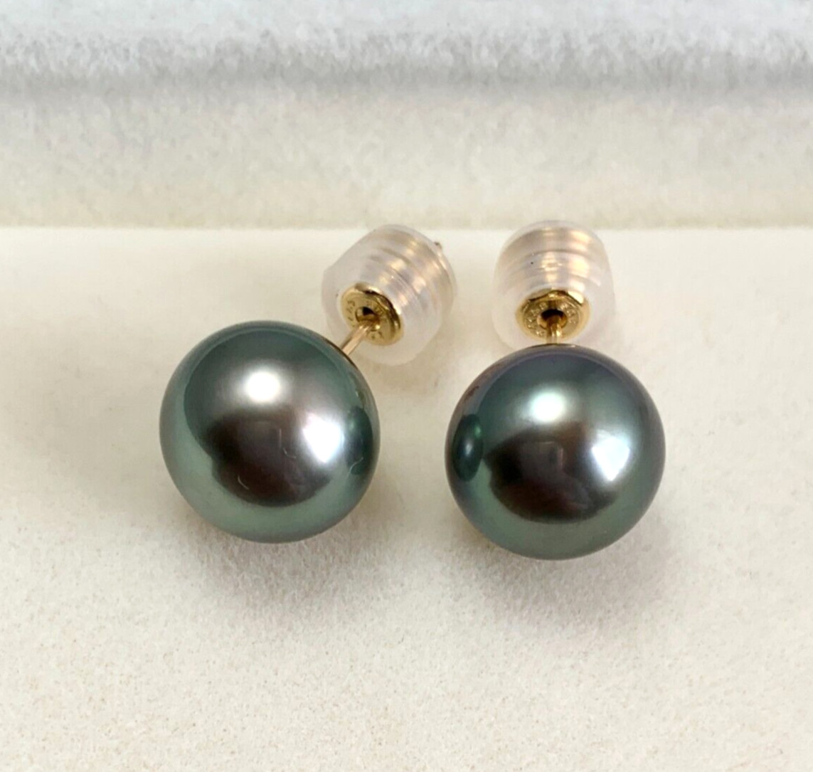 Big 10.0-10.2mm Round Black-Green Tahitian pearl stud earrings 18kt yellow gold