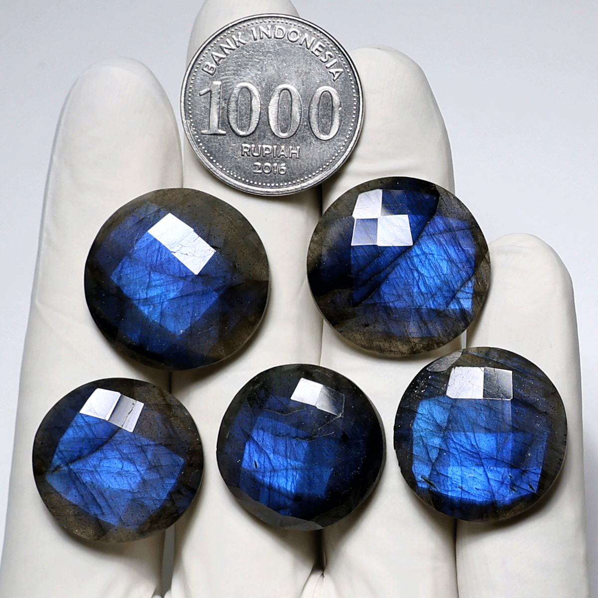 Blue Fire 5 PC Natural Labradorite Hi-Grade 21-24mm Round Faceted Cut Gemstones