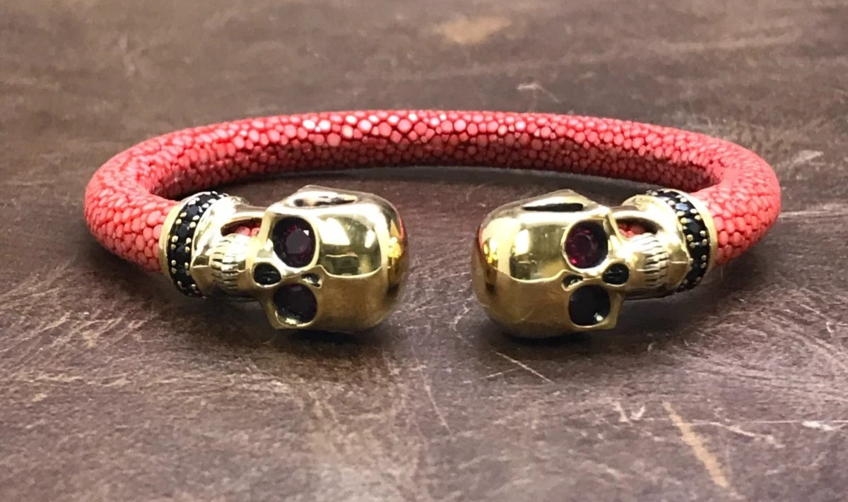 Cozmo Red Stingray Cuff Bracelet Yellow 925 Sterling Silver Gold Plated Skull