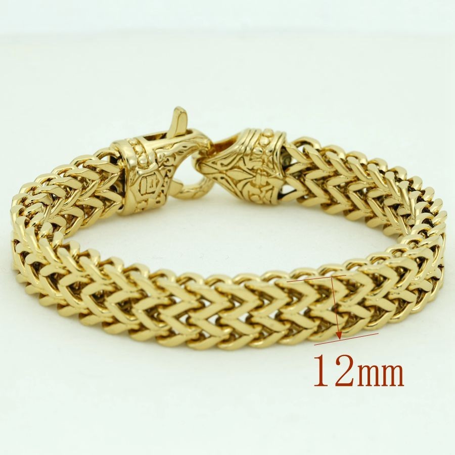 Men’s 8.5″ Stainless-Steel,Black 12mm Buckle Franco Bracelet Gold Plated *Box