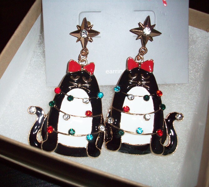 NEW Hildie & Jo Holiday Cat Gold-tone Enamel Rhinestone Christmas Star Earrings