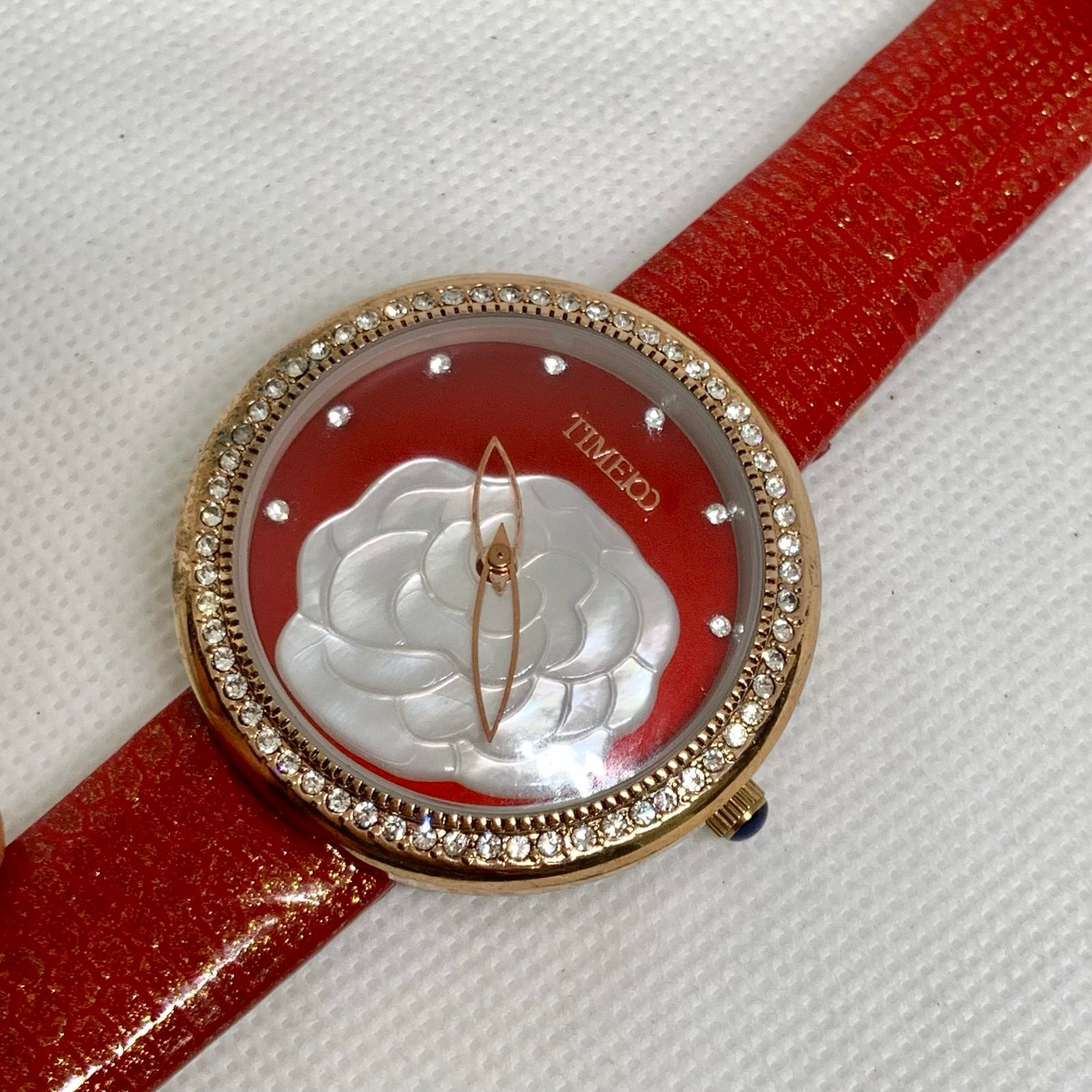 Timeco women’s watch floral dial rose gold tone 40mm red leather band running