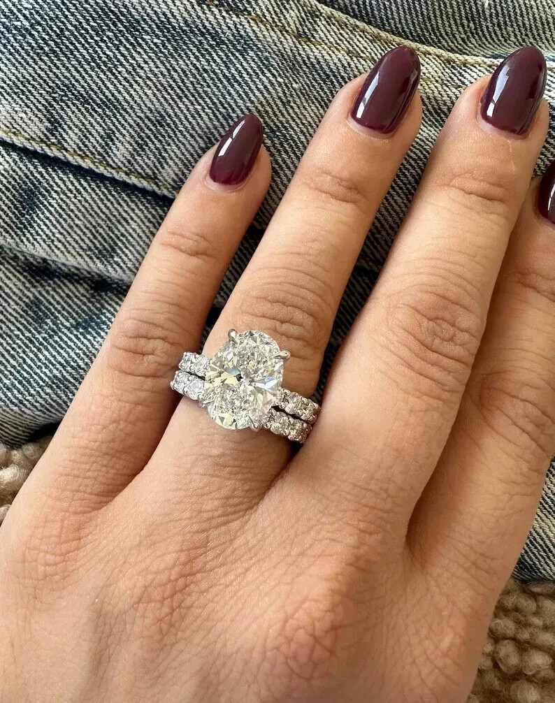 3Ct Oval Lab Created Diamond 14K White Gold Finish Engagement Bridal Ring Set