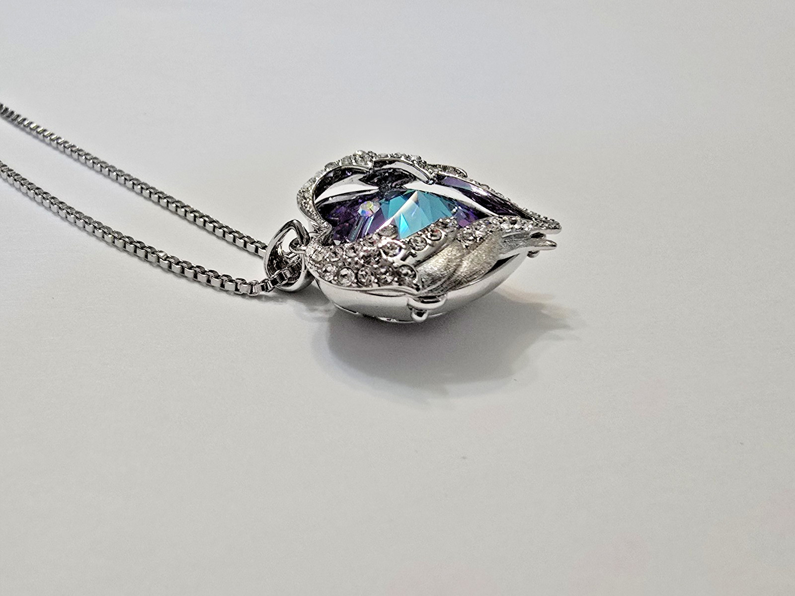 Angel Wings Blue Purple Crystal Heart Silver Tone Pendant Necklace