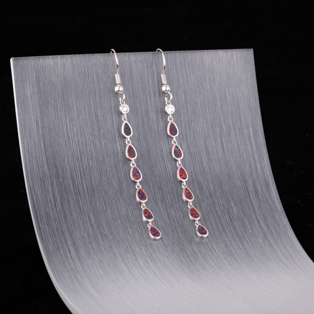 Multi Pear Black Cherry Red Fire Opal CZ Silver Jewelry Dangle Drop Earrings