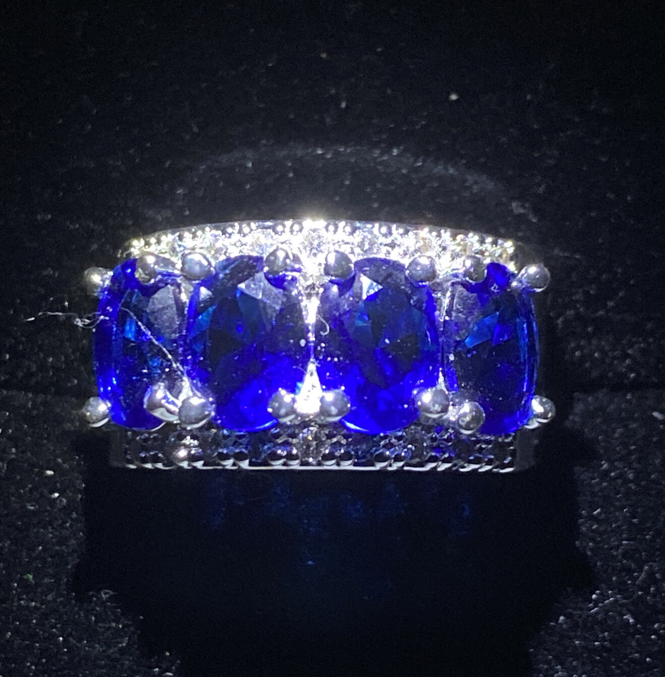Created White Sapphire And Blue Diamante Ring. 4 Stone Wide Band Size P1/2 56