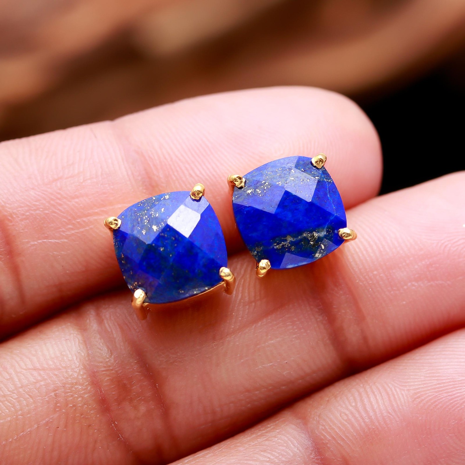 Natural Lapis Lazuli Cushion Stud Earrings Gold Fill 925 Sterling Silver Jewelry