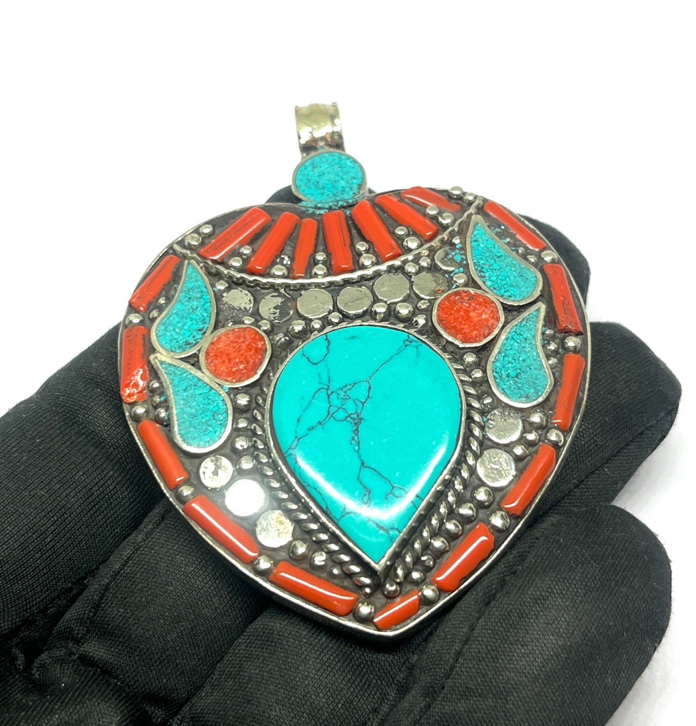 Ethnic Red Coral Turquoise Gemstone Tibetan Style Pendant Jewelry, 2.9 inch