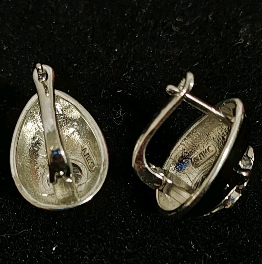 Silver Tone Black Enamel CZ with Butterfly Accent Latch Back Earrings
