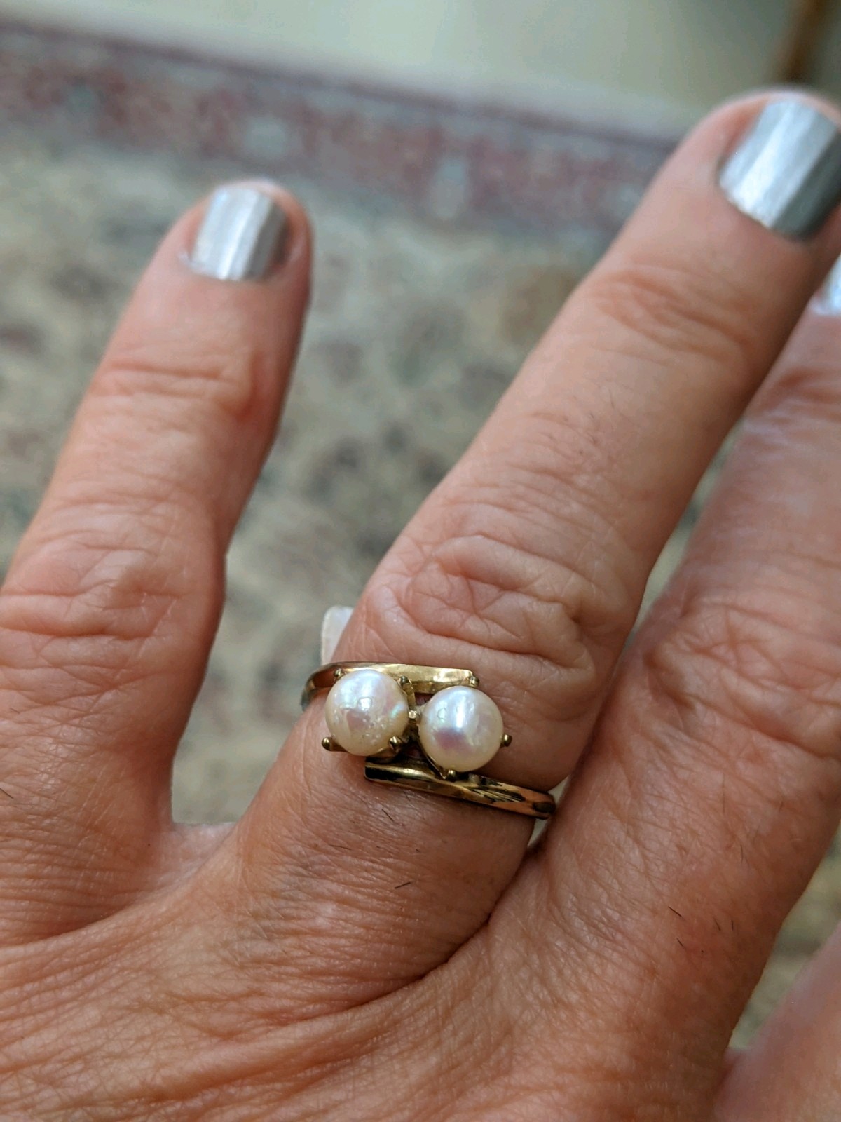14K DOUBLE PEARL AND DIAMOND RING YELLOW GOLD SIZE 6 2.6 GRAMS