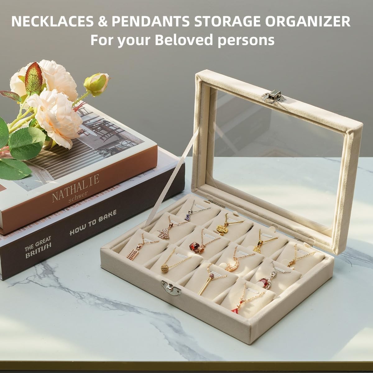 Jewelry Box Necklace Organizer Tray, Beige Necklace Display Case for Storage …