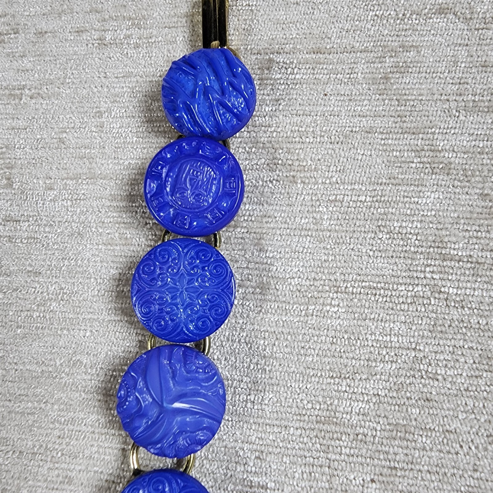 Vintage Button Blue Glass Detailed Image Embossed Bracelet Brass Links 7.5″