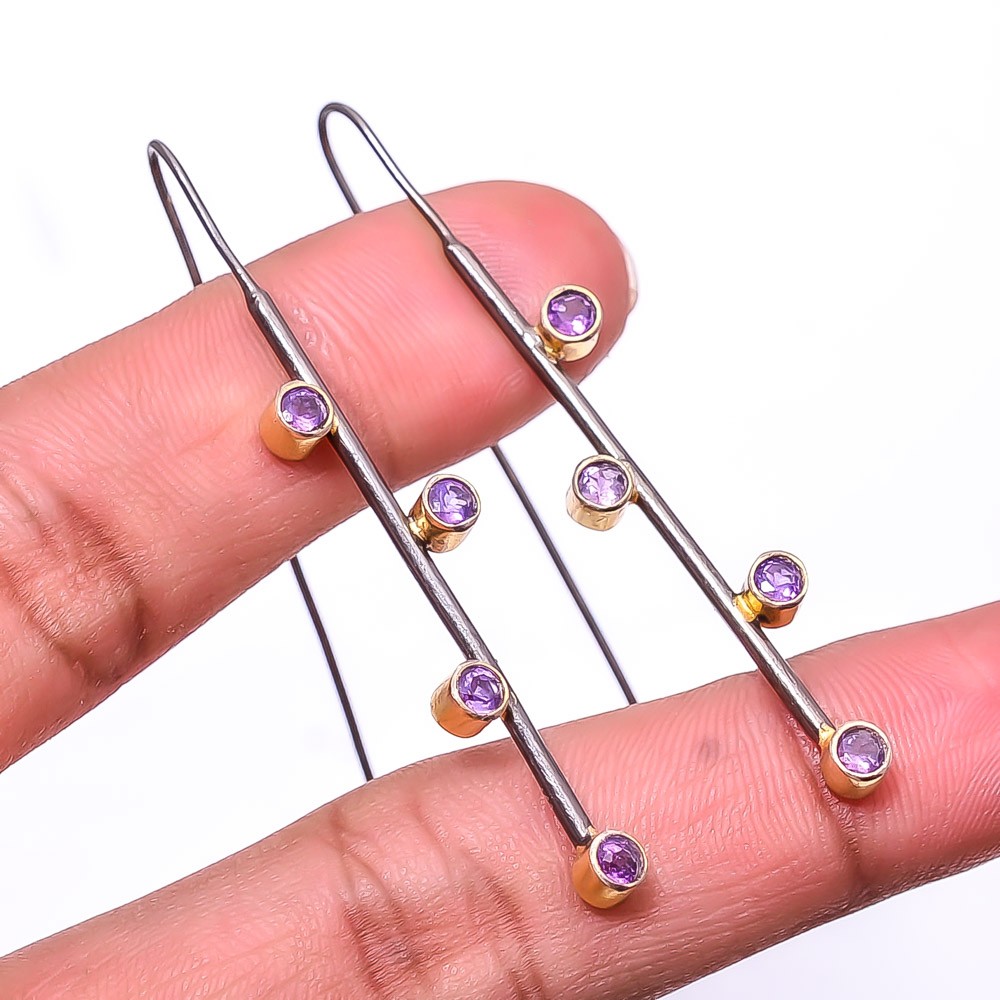 Amethyst 925 Sterling Silver Black And Gold Rhodium Plated Earring 2.15″ E34