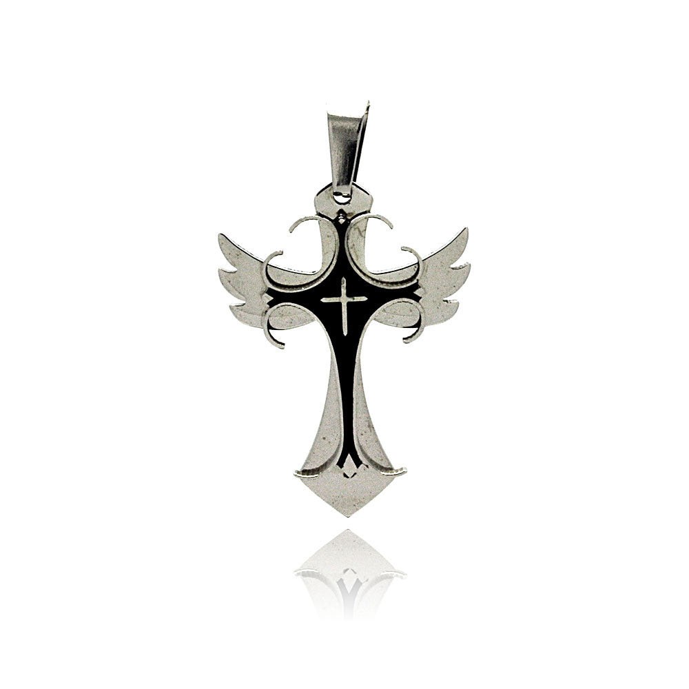 Rhodium Plated Stainless Steel Winged Black Inlay Cross Pendant Christian Charm