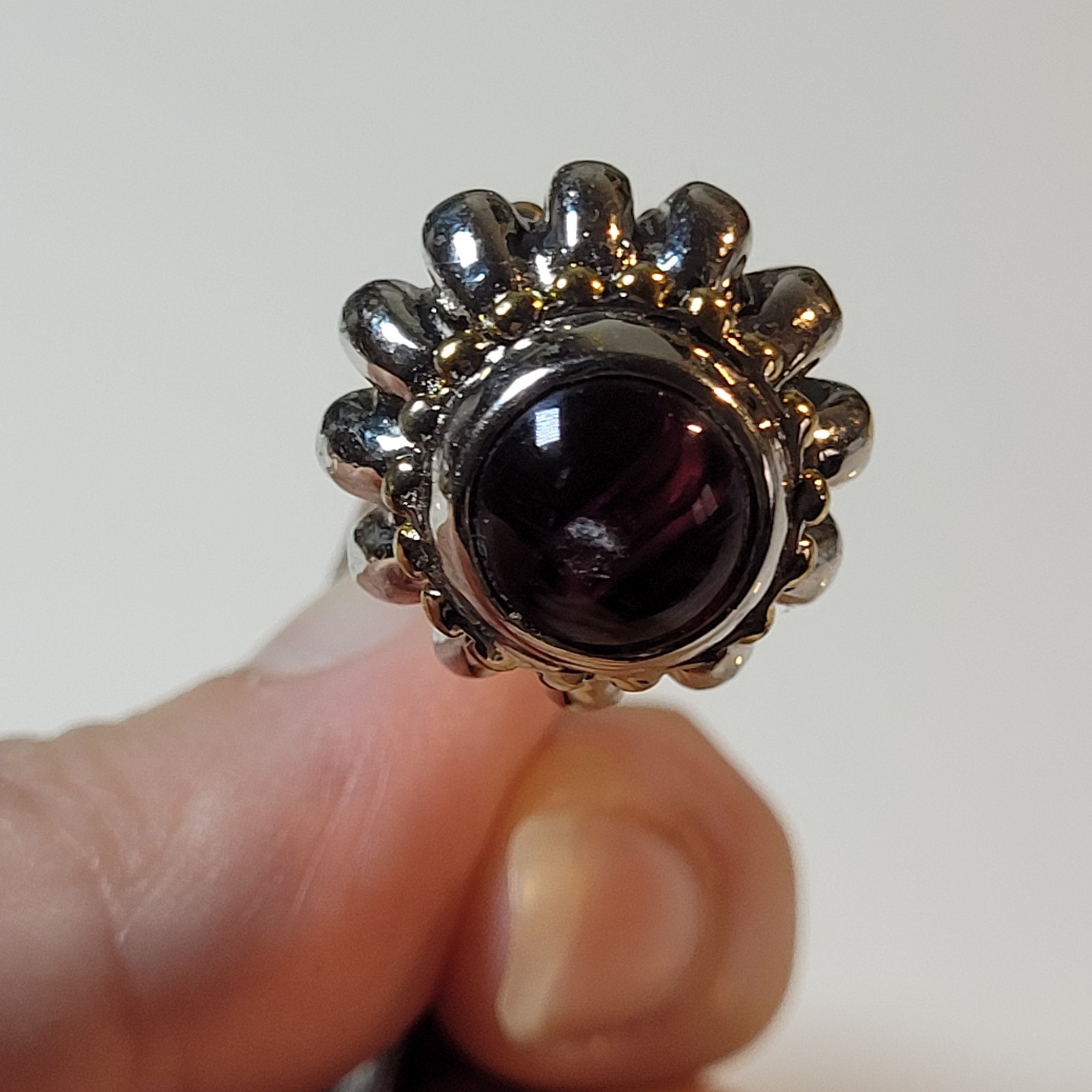 Vintage Heavy Silver And Gold Hinged Bangle Bracelet With Dark Burgundy Stones