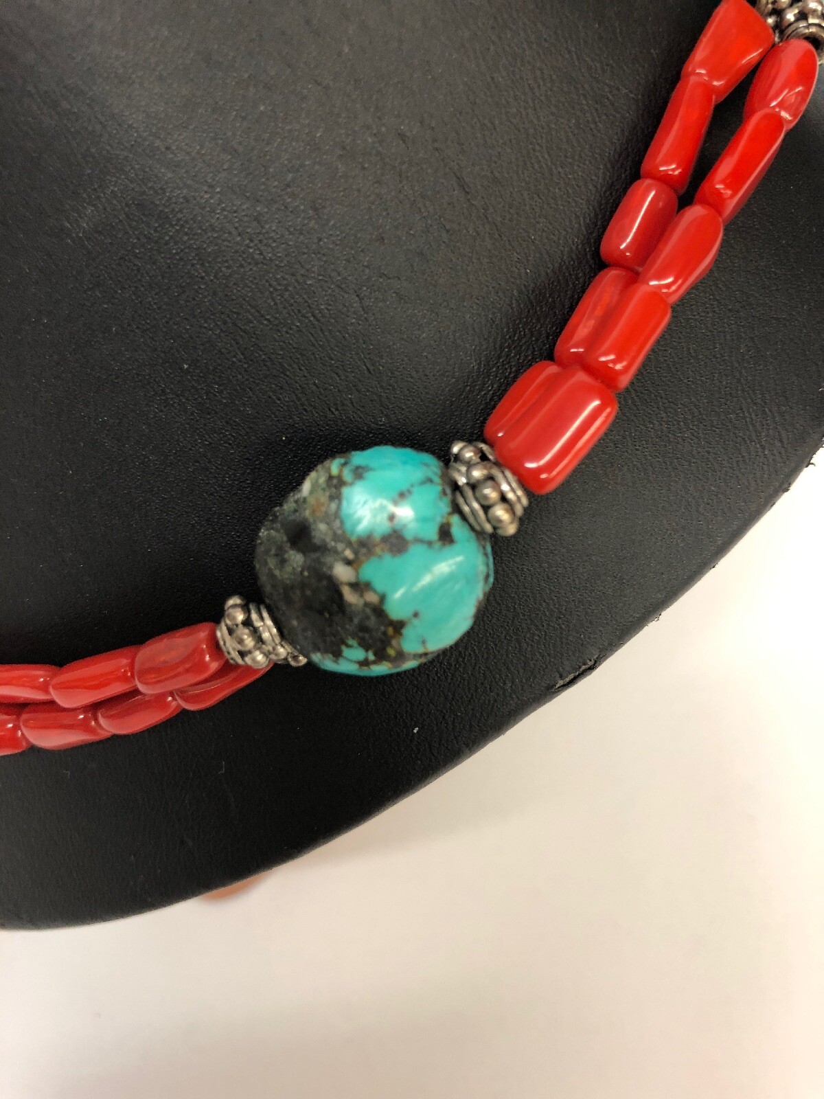 Sterling Silver Natural Beads Turquoise, Coral Necklace 19 1/2 inches