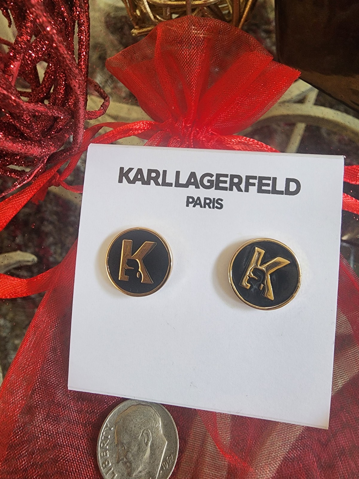 NEW! Karl Lagerfeld Paris Head Logo Black/ Goldtone Studs Earrings $29 NWT Rare!