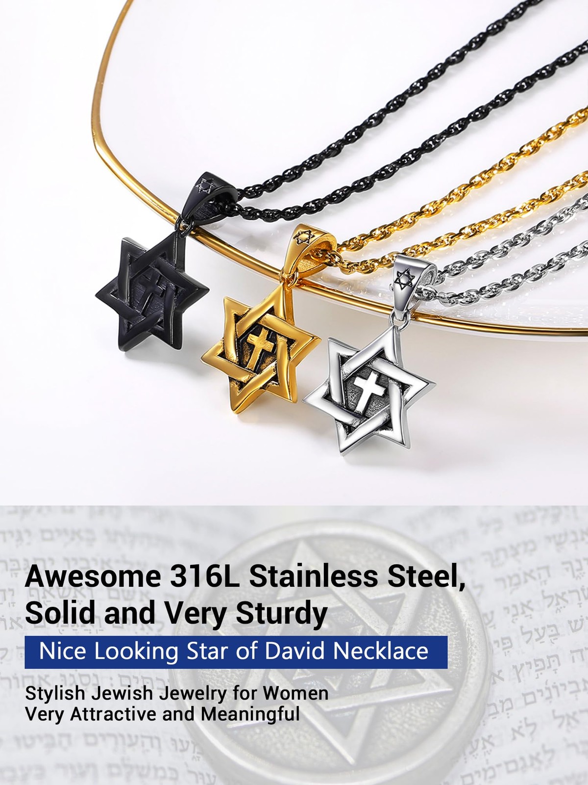 Star Of David Necklace For Men Jewish Jewelry Stainless Steel Cross Pendant C…