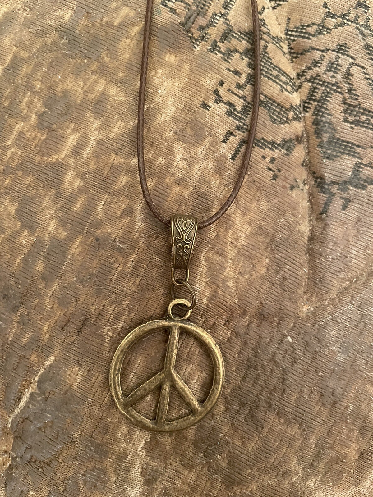 Retro Vintage Brass Medium Round Peace Sign Pendant Brown Silk Cord Necklace