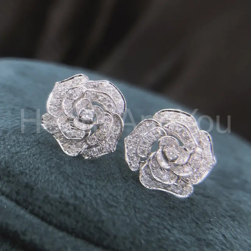 2ct Round Cut Moissanite Rose Flower Floral Stud Earrings 14K White Gold Plated