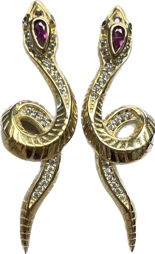 REAL Diamond Ruby Snake Earrings 14K Gold on SOLID 925 Victorian Egyptian Rev YG