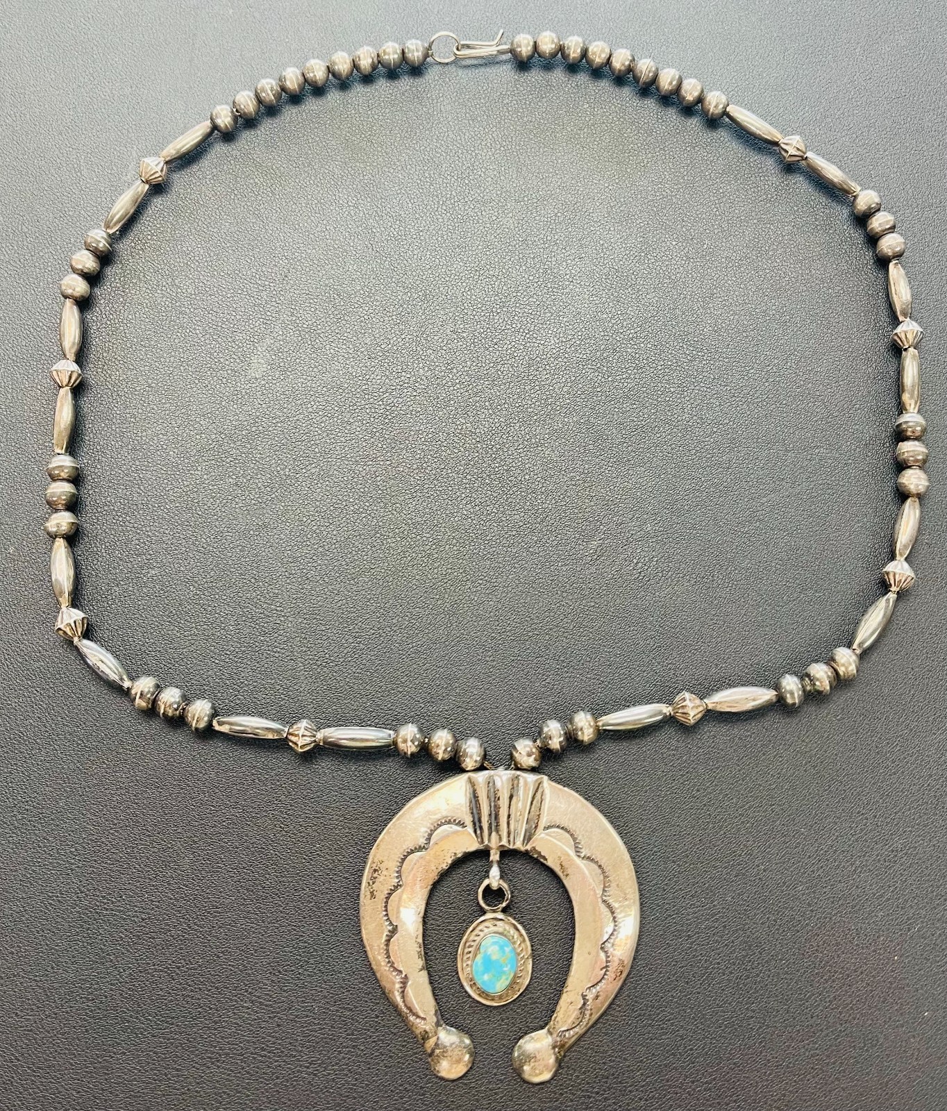 Vintage Navajo Sterling Silver Squash Blossom With Turquoise Drop Pendant 114g