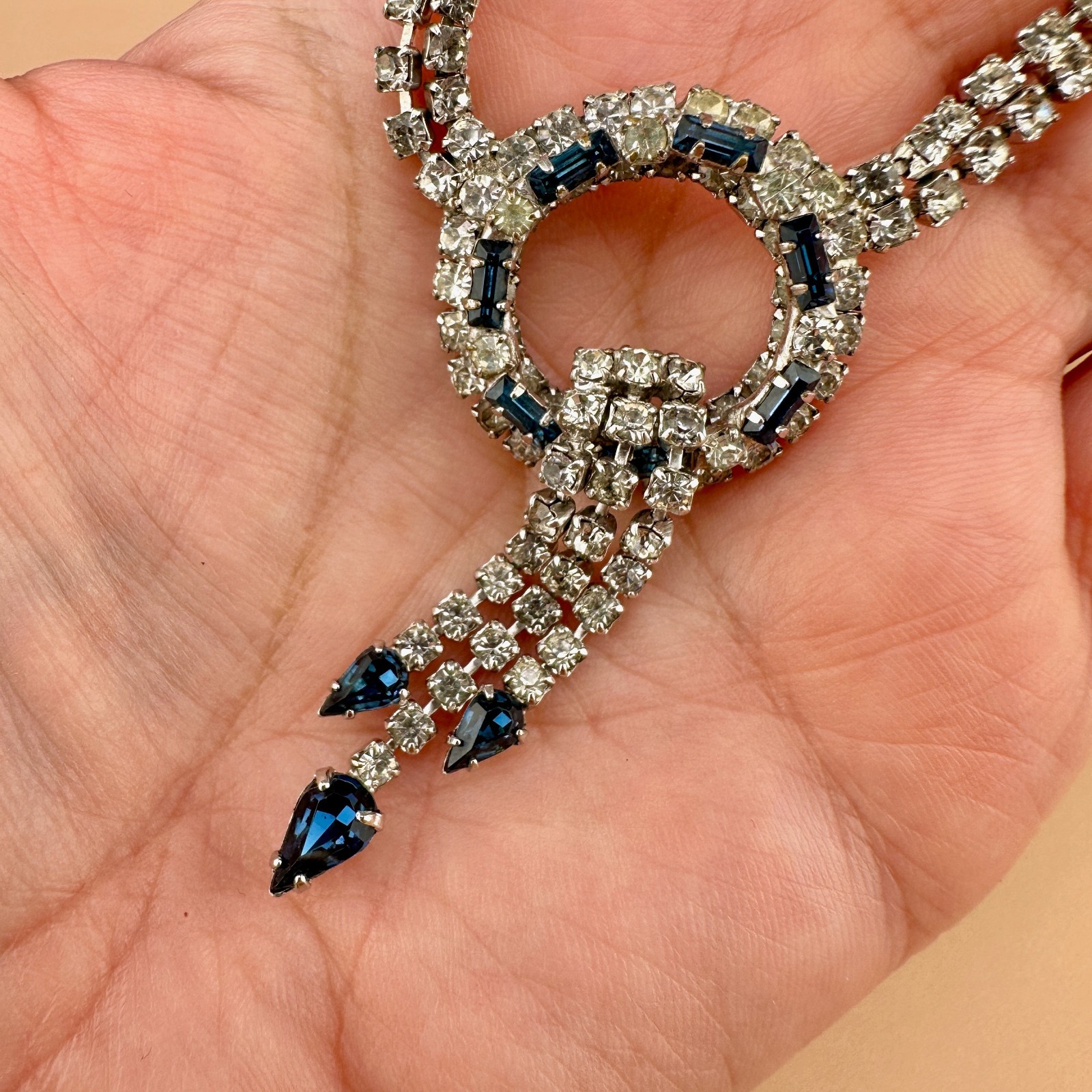 Vintage Rhinestone Necklace Earrings Set Blue Clear Circle Tassel Cup Chain
