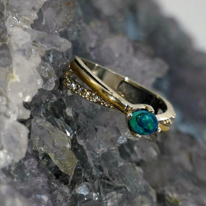 Natural Lightning Ridge Black Opal 0.40ct 925 Silver & 9K Gold with CZ Ring US 8