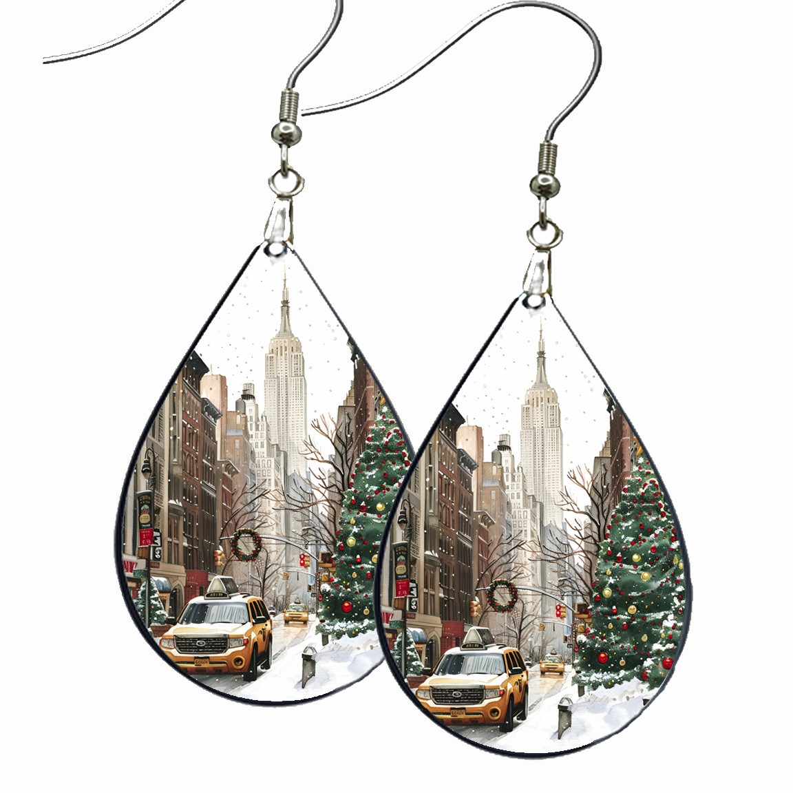 Christmas New York City Dangle Earrings Teardrop Wood New Years Travel Souvenir