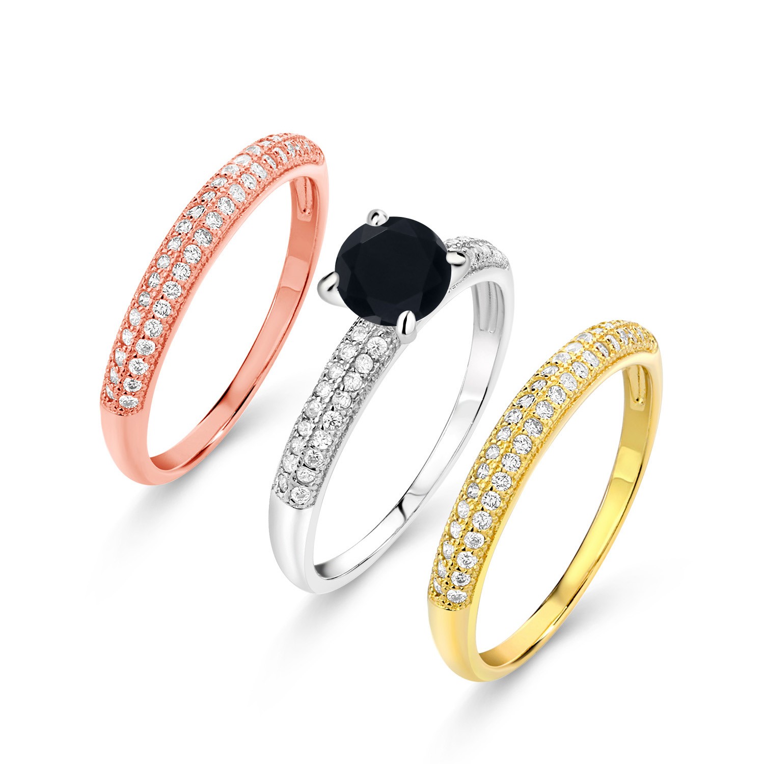 2.24 Ct Round Black Onyx 925 Sterling Silver Set of 3 Stacking Ring
