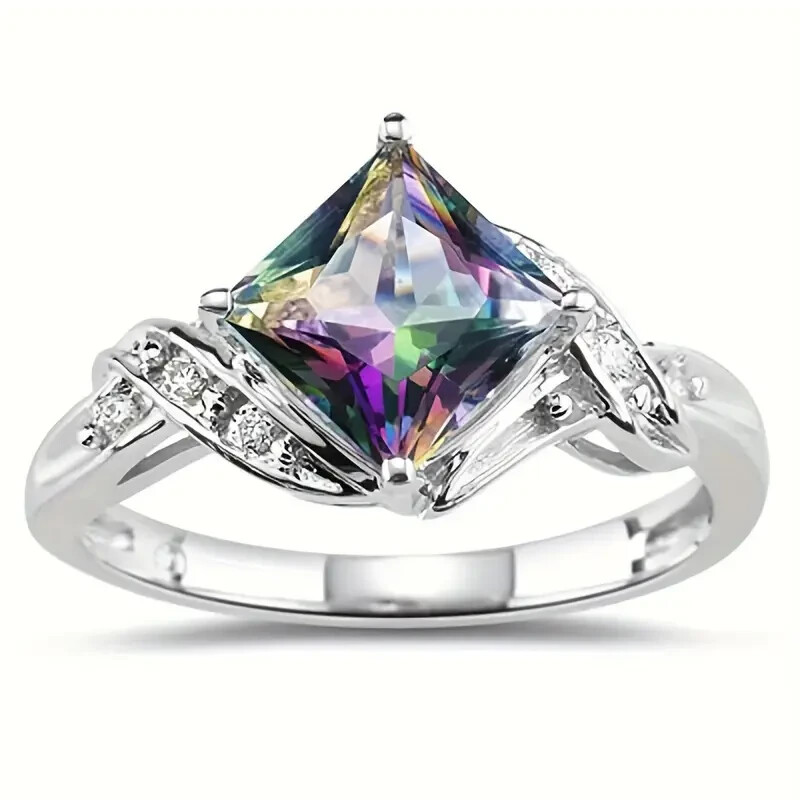 925 Sterling Silver Rainbow Mystical Fire Topaz Wedding Engagement Ring Size 8.5
