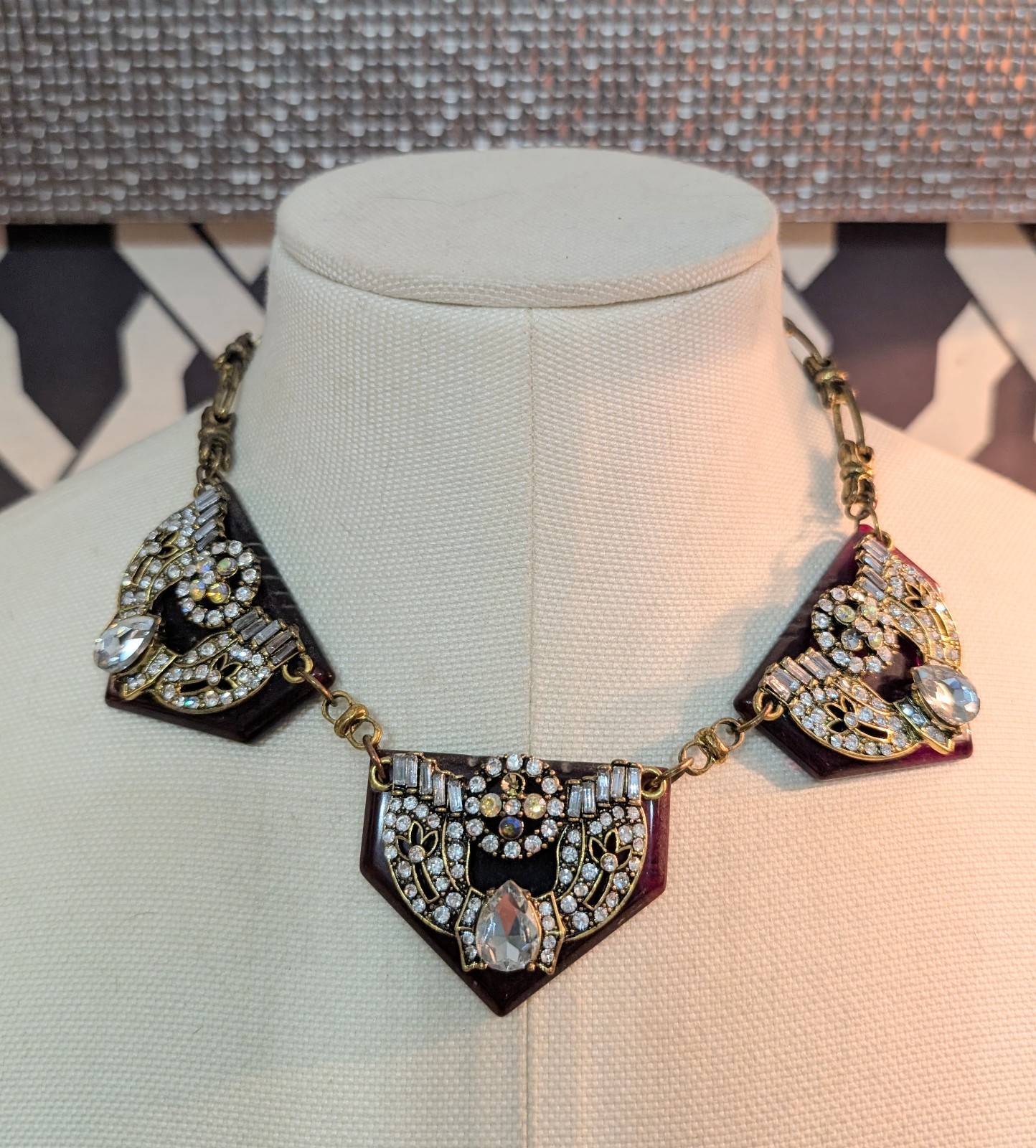 Stunning Necklace With 3 Dark Amber Pendants W/Large Sparkling Rhinestones